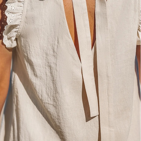 Beige V-Neck Eyelet Trim Mini Dress - Picture 4 of 6